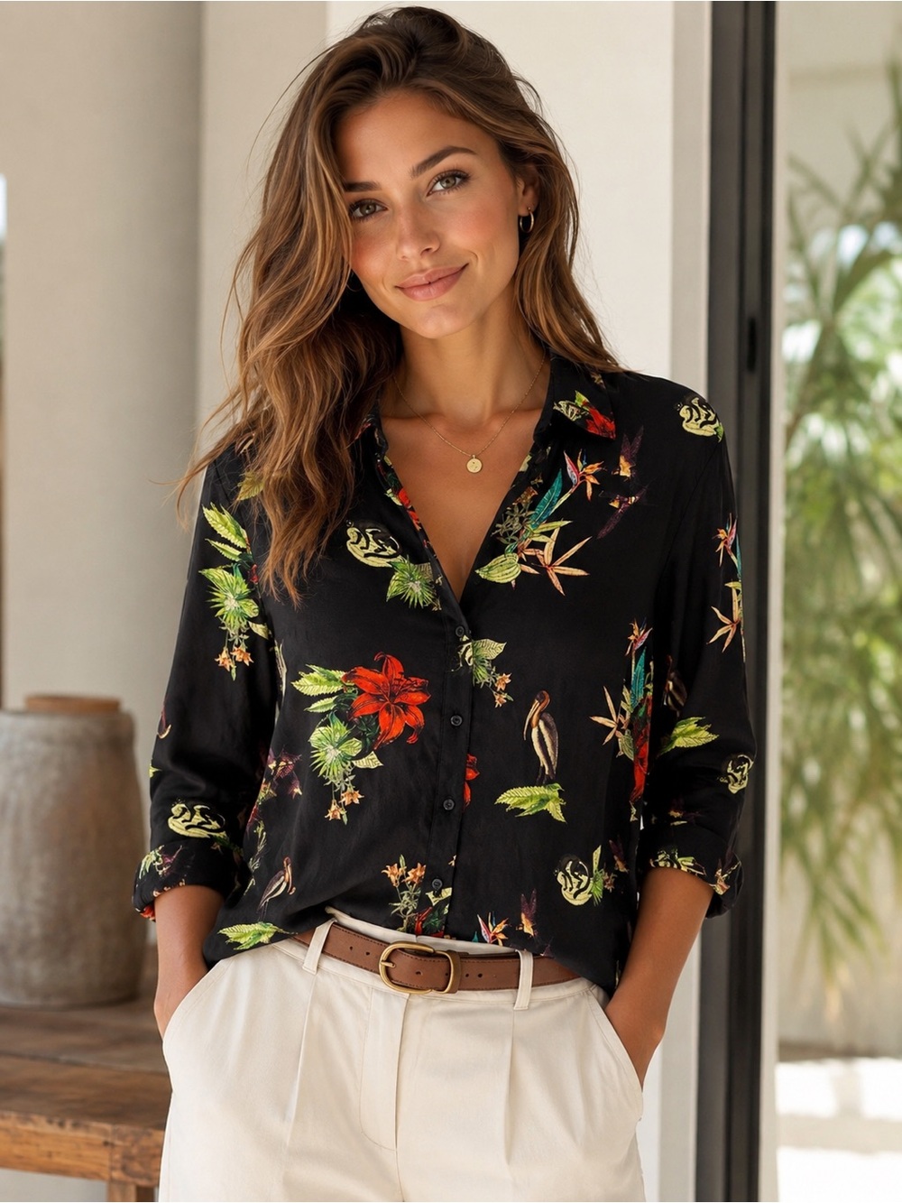 YAYA Black Tropical Bird Floral Button Front Viscose Blouse Shirt 38, Small, 19”